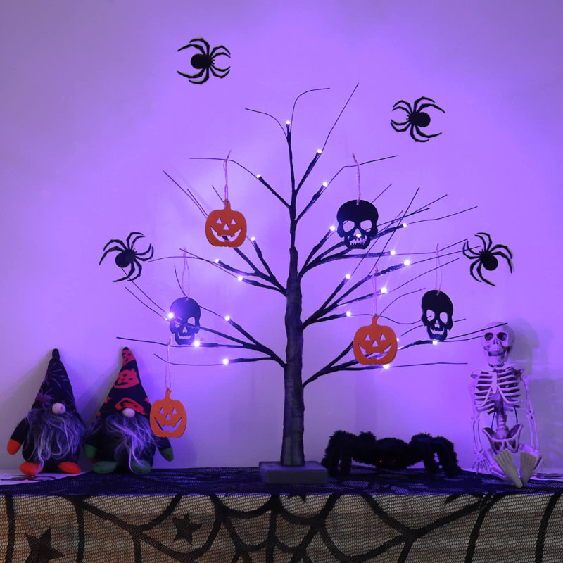 Arbre d'arbre d'Halloween effrayant noir 2 pi avec 24 lumières DEL orange