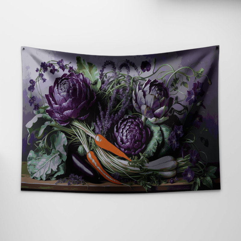Tapisserie murale légumes et fleurs violettes, 68 po x 80 po