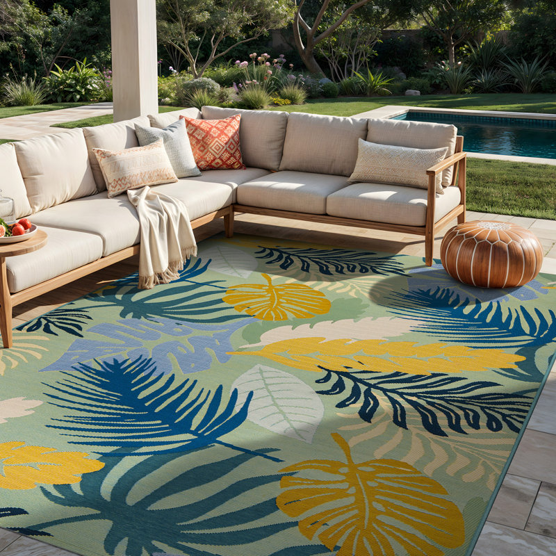 Tapis d'intérieur / extérieur à motif de feuilles tropicales Coastal, motif botanique bleu et jaune