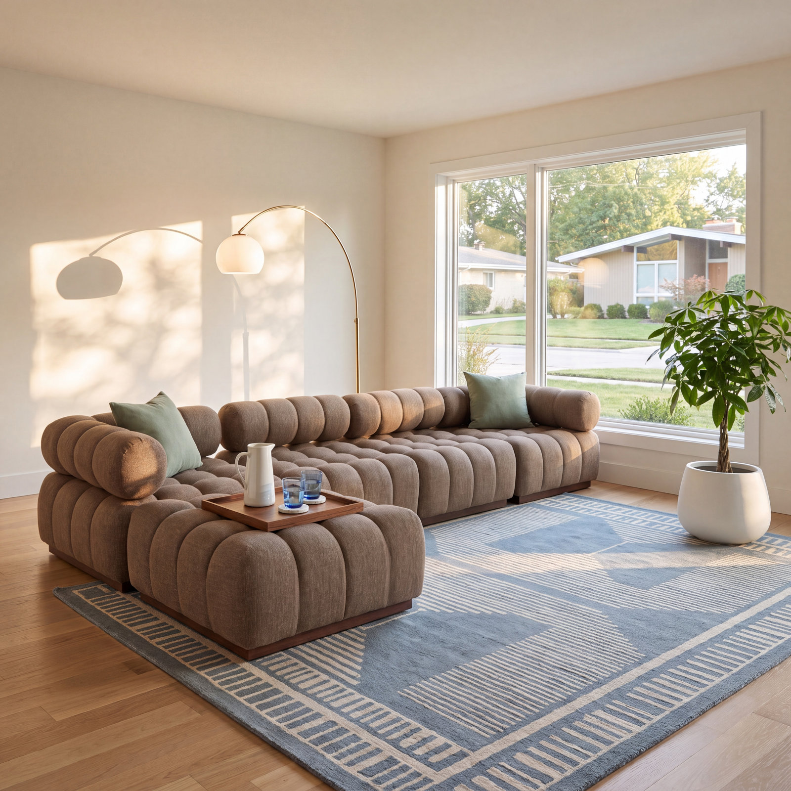 Martinique 146" Teak Patio Sectional, Hayes Cream Cushion/Stained Saddle Frame