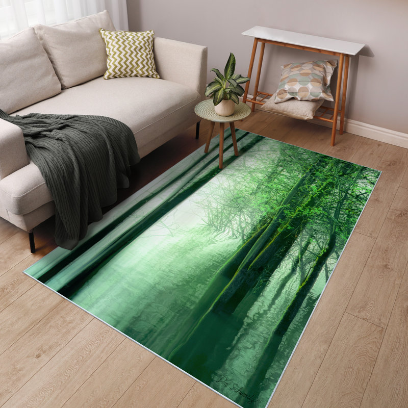 Tapis vert lavable Forest in The Lake taille 5 pi x 8 pi, douceur avec envers antidérapant