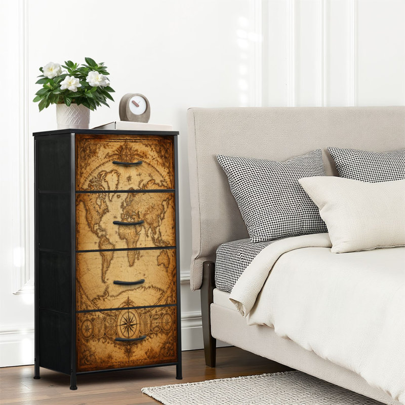 Commode 4 tiroirs pour chambre à coucher, commode étroite, plateau en bois et structure en fer 18 "x 37,5" - (H x H) - avec impression de carte du monde rétro