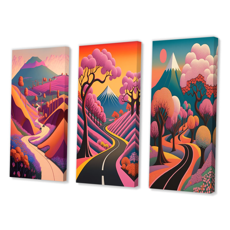 «Swirling Road Playful Purple Mountain Landscape II», ensemble de 3 impressions, Toile tendue, H 60 po x l 40 po