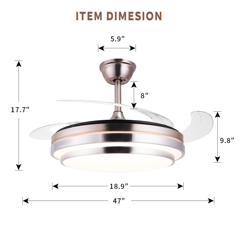 Ventilateur de plafond 47 pouces invisibles 3 lumières à pales rétractables télécommandées Fandelier pour salon, salle à manger, ventilateur réversible, lumières intérieures