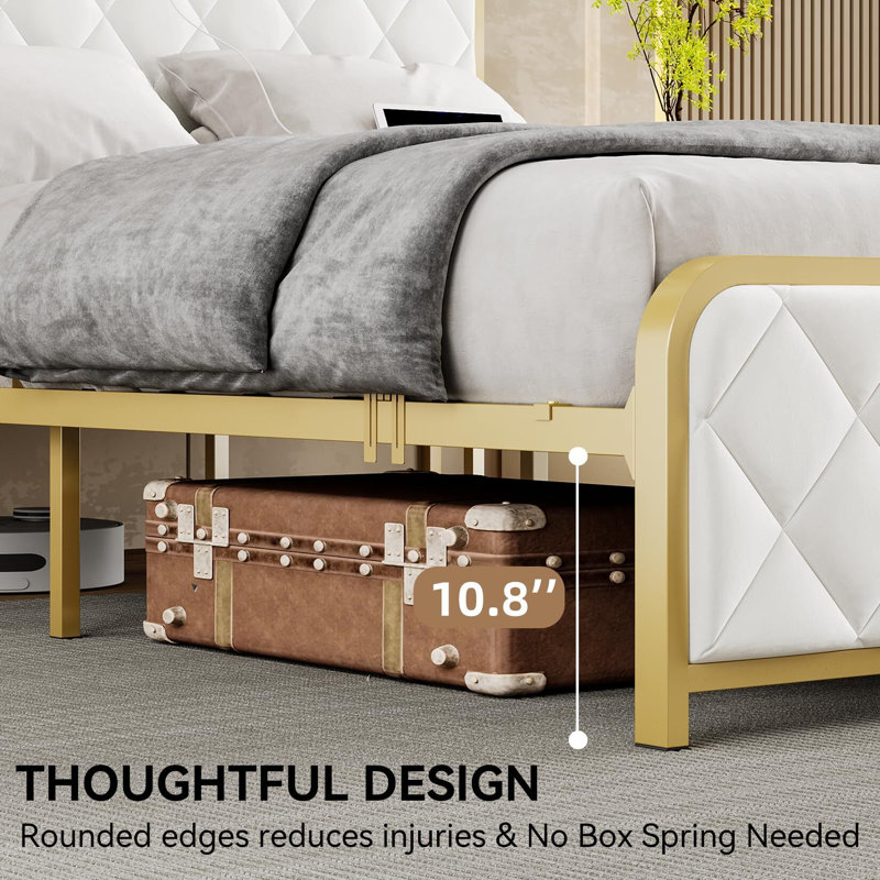 Bed Frame With Velvet Storage Headboard , Platform Bed Frame With Storage Charging Station LED Light Bed Frame, White, Full