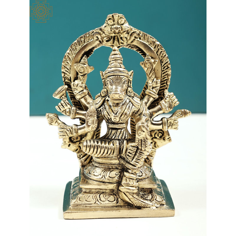Statue de déesse en laiton 4 "sur trône de Kirtimukha - Figurine de divinité féminine Ashtabhuja fabriquée à la main pour la décoration spirituelle