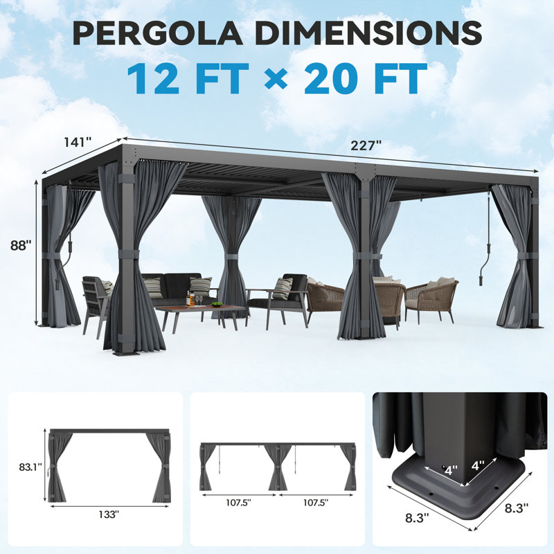 24 pi L 12 pi. Pergola à persiennes, pergola d'extérieur en aluminium avec toits réglables résistants à la pluie, pavillon de jardin avec rideaux et filets pour le bain à remous et la terrasse du patio