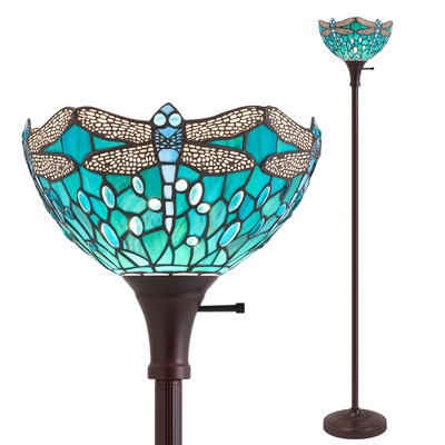 Tiffany-Style Floor Lamp With 11" Upward Dragonfly Blue Stained Glass Shade With E26 Holder,Rotary Switch For Living Room Bedroom