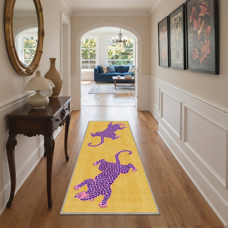 Safari Animal Print Machine Washable Purple / Yellow Indoor Area Rug with Non-Slip Backing, Runner 2' x 6'