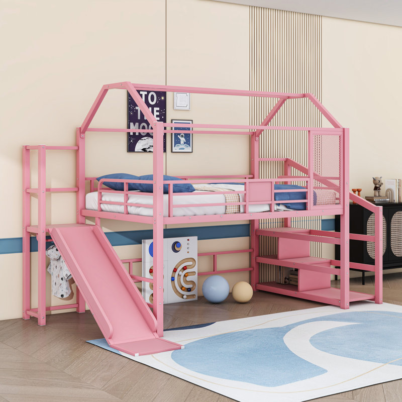 Lit mezzanine avec glissade et escalier House, Double, Rose