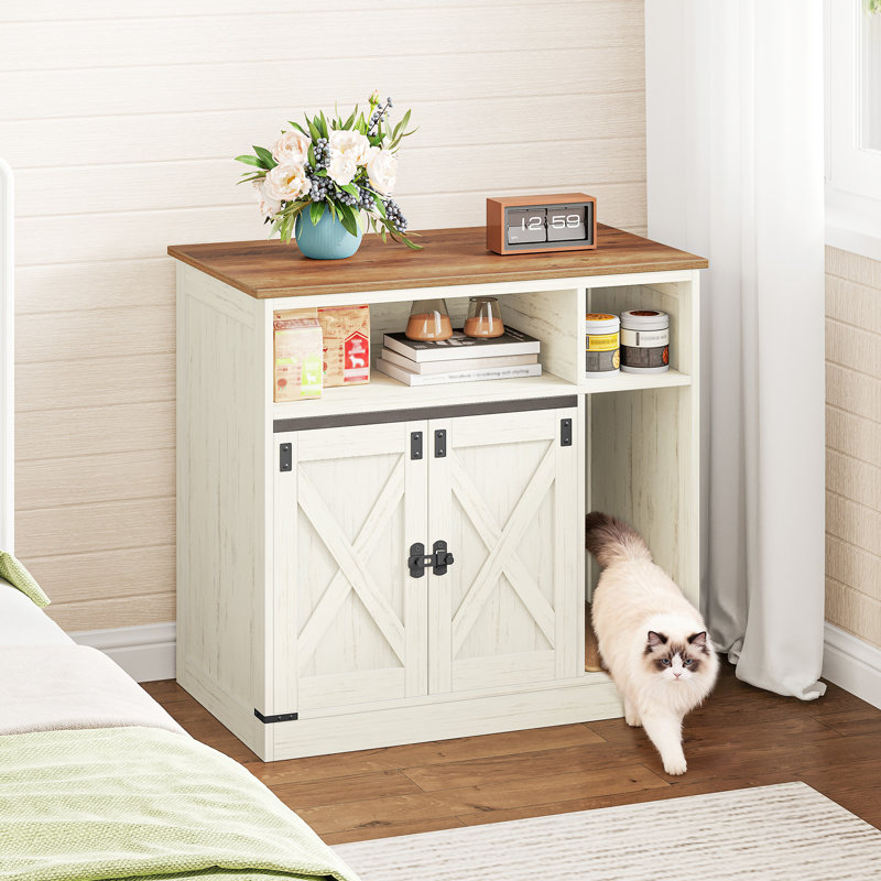 Meuble pour litière de 80 cm avec rangement intégré, meuble en bois pour chat avec griffoir, maison pour chat de style ferme, meuble télé/table d'appoint, brun et blanc rustiques