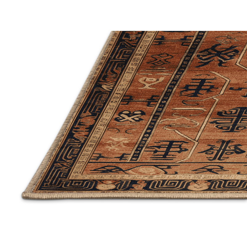 Tapis art déco brun lavable à la machine, Rond 3 pi