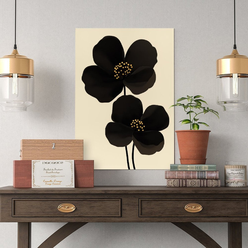 Reproduction d'art sur toile, fleurs noires avec centre doré, affiche rétro, 24x36in