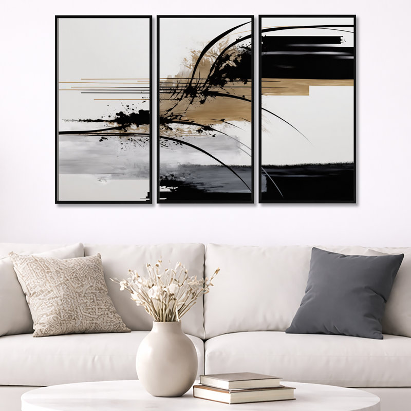 Avetik noir, blanc et or Expression II - ensemble d'art mural moderne sur toile, Impression encadrée, H 28 po x l 36 po