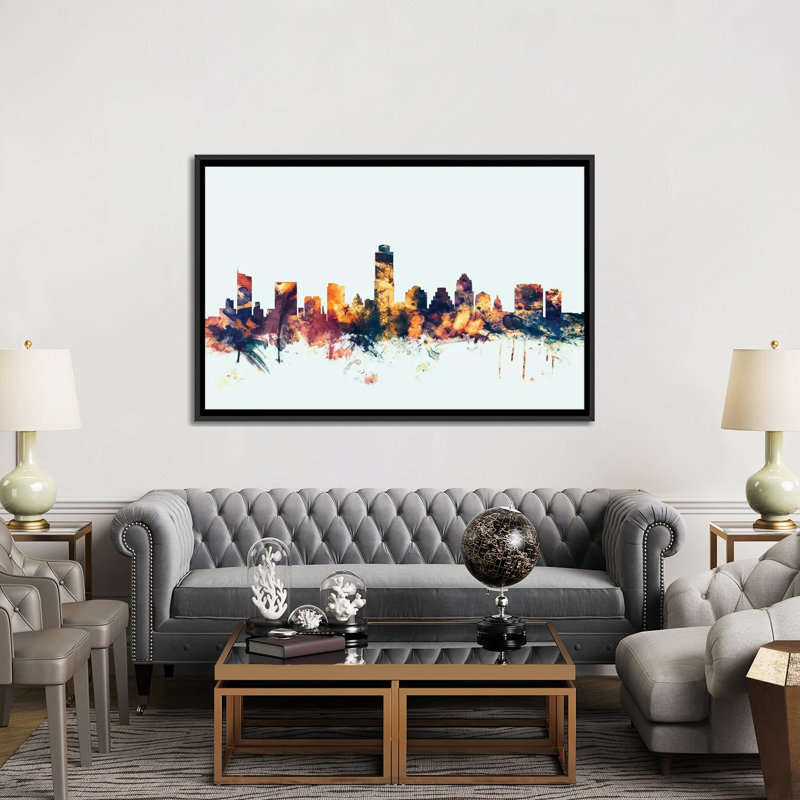 " Austin, Texas, USA On Blue " by Michael Tompsett, 40" H x 60" W x 1.5" D, Black Framed Canvas, No Mat