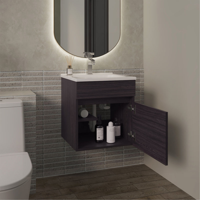 18" Wide Floating Bathroom Vanity, With One Cabinet and Two Shelves, Black, Black