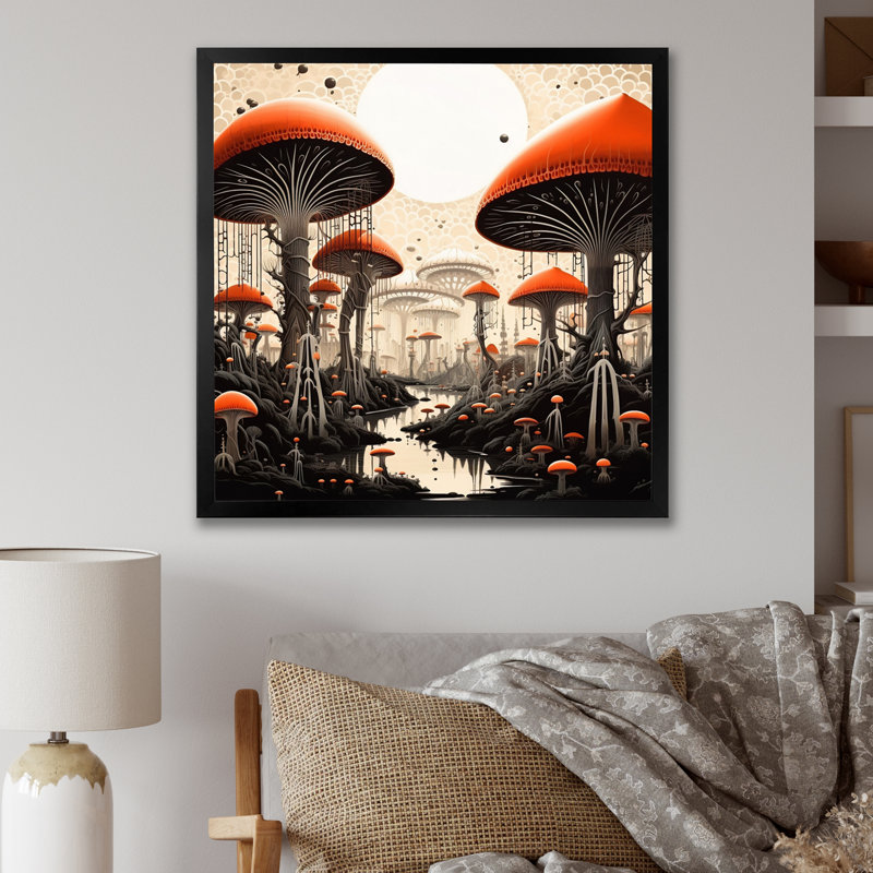 «Enchanted Magic Mushroom Forest Retro Art I», reproduction sur toile, Cadre simple noir, H 24 po x l 24 po x P 1 po