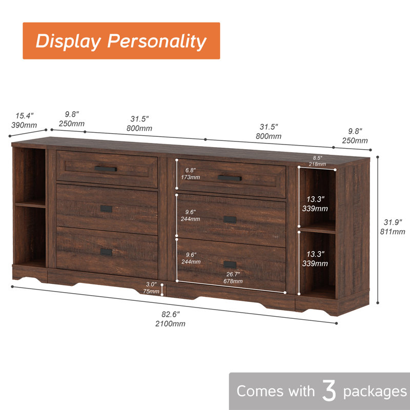 Laziza Modern Farmhouse Wooden Dresser Combo With 6 Drawers And Open Storage Shelves For Kids, Brown