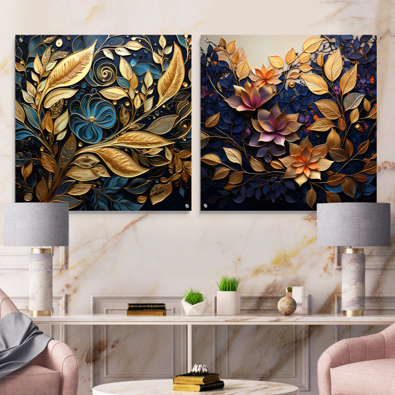 «Black and Gold Leaf Charm In Winter II», ensemble de 2 feuilles d'art mural en acrylique sur verre, H 36 po x l 73 po