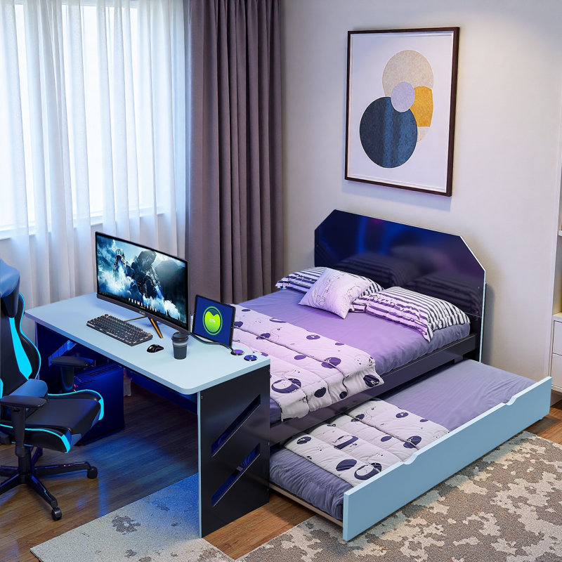 Wood Daybed With Trundle, Desk And Usb Port, Blue