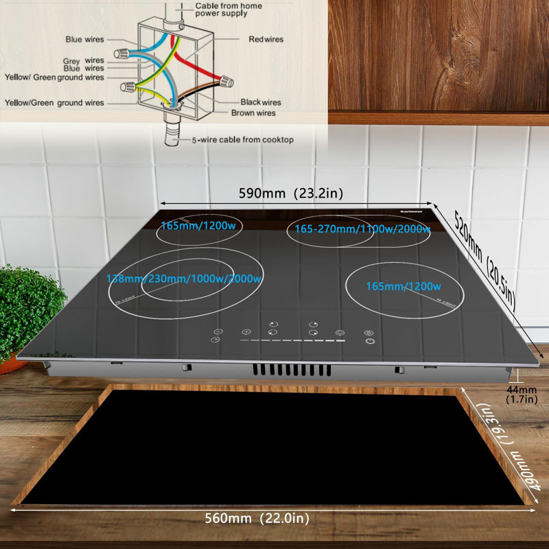 Surface de cuisson électrique à 4 brûleurs de 24 po Karinear, surface de cuisson électrique en céramique 220-240v encastrée avec cadre en verre de protection en verre, brûleurs extensibles, commande tactile à glissière, plaque de cuisson multifon