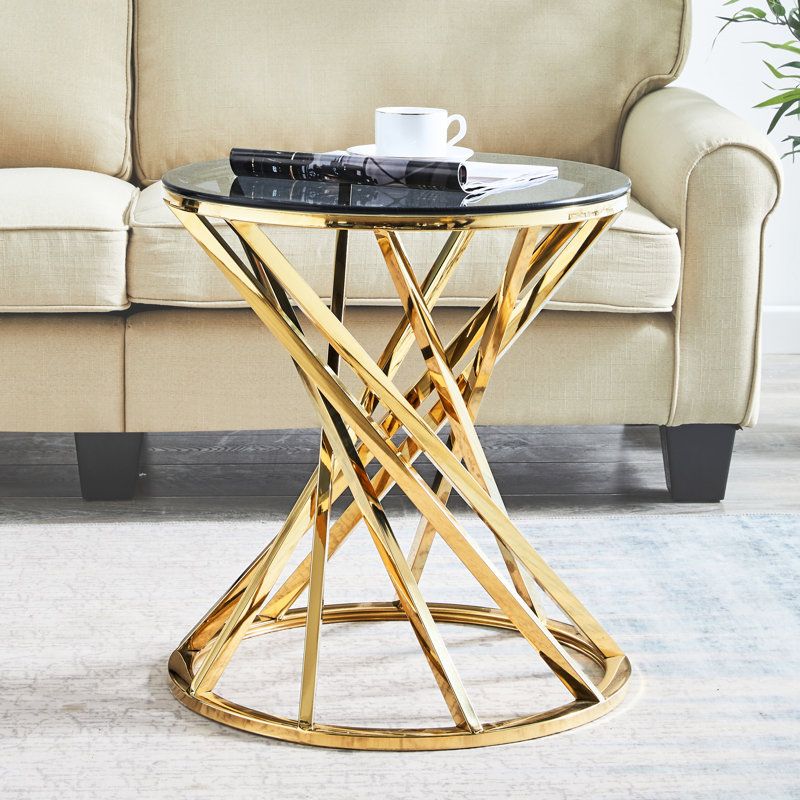 Aatifa High End 50cm Round Side Table for Living Room with Dark Tempered Glass and Gold/Chrome Stainless Steel Frame, Gold