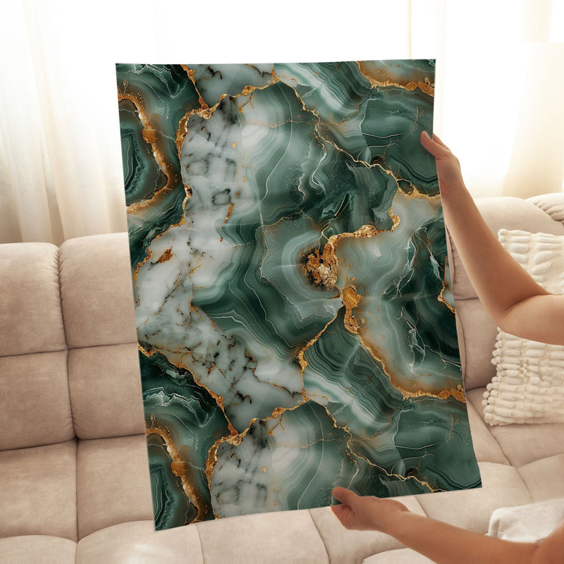 Abstrait vert émeraude et cristaux de marbre géode dorée III, reproduction d'art moderne sans cadre, H 16 po x l 12 po