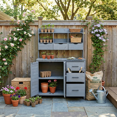 Farmhouse Potting Bench with 6 Drawers, 44.6" Fir Wood Garden Work Table with Cabinet, Hutch & Side Hook