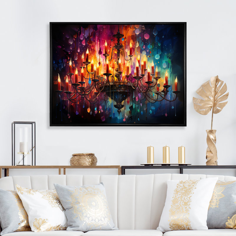 Lustre brillant pointillisme chromatique, Cadre flottant noir, H 24 po x l 32 po x P 1 po