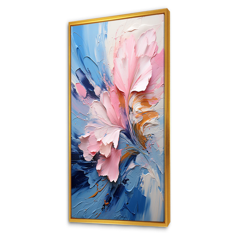 Encre rose et mauve à fleurs II - encre liquide, art mural abstrait, Cadre flottant doré, H 60 po x l 28 po x P 1,5 po