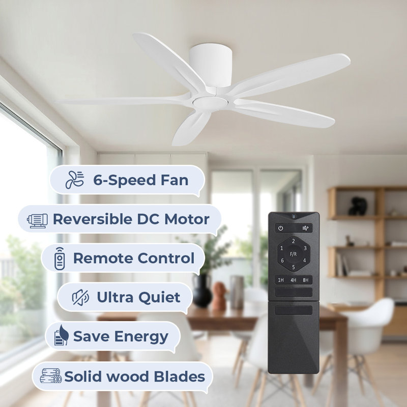 5-Solid Wood Blades Dc Motor Indoor Flush Mount Standard Ceiling Fan with Remote, White, White