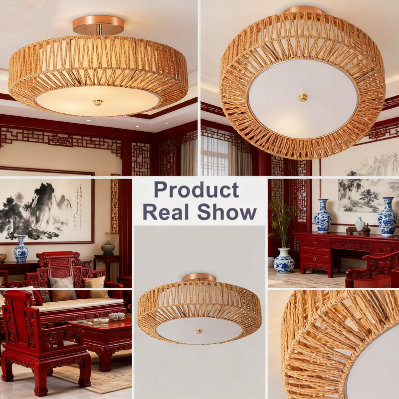 Lustre encastré en rotin 3 lumières Boho