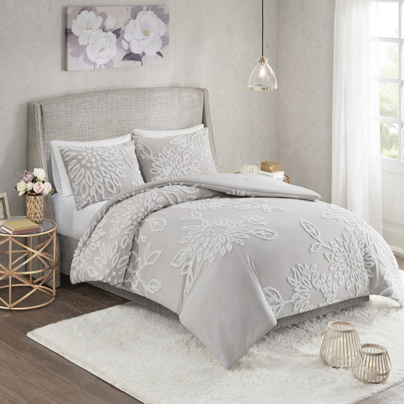 Couette gris chaud et blanc - Ensemble de literie 3 pièces en coton chenille, style floral, lavable à la machine, taille double/queen