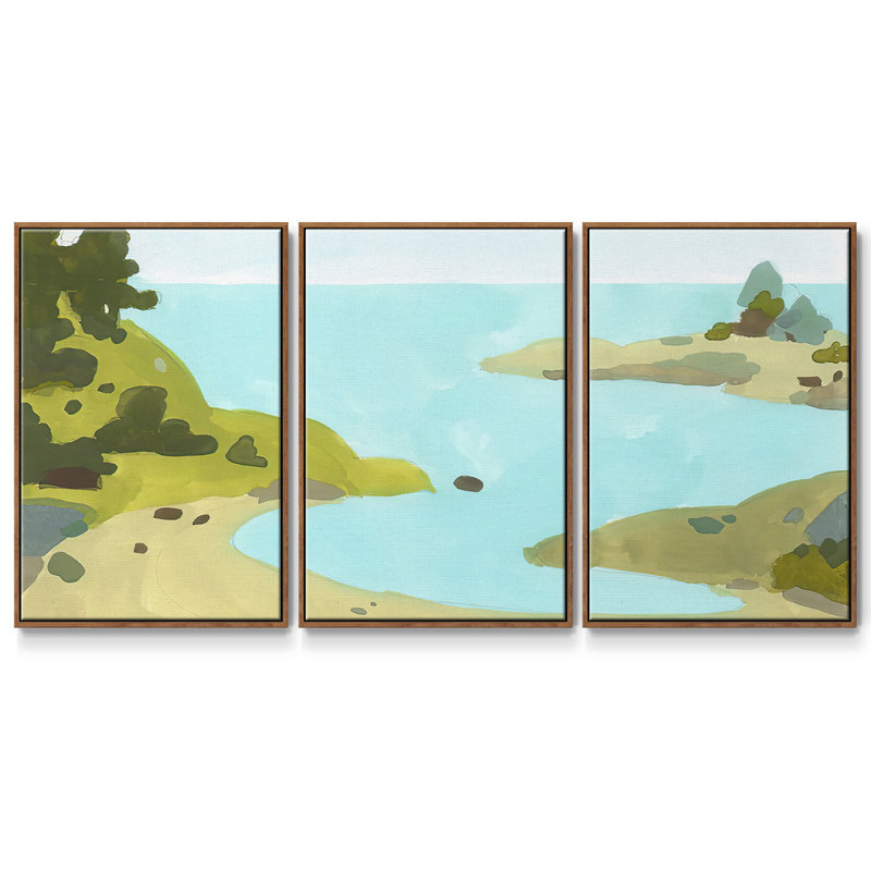 «Coastal Inlet IV», peinture sur toile 3 pièces, H 24 po x l 48 po, Cadre noyer