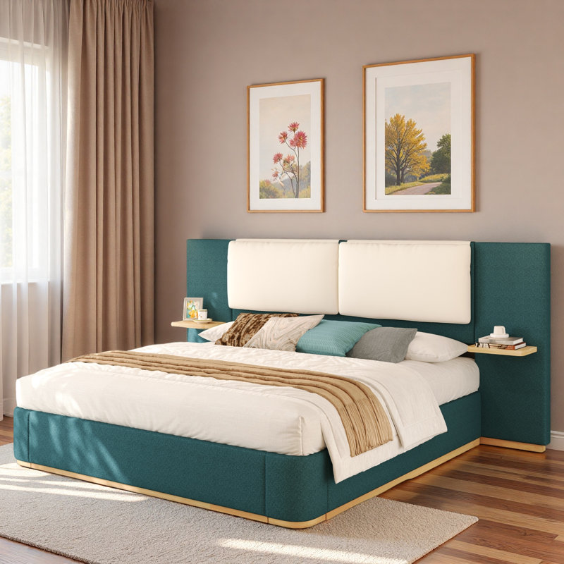 Lit plateforme tapissier avec tablettes, Très grand lit, Vert