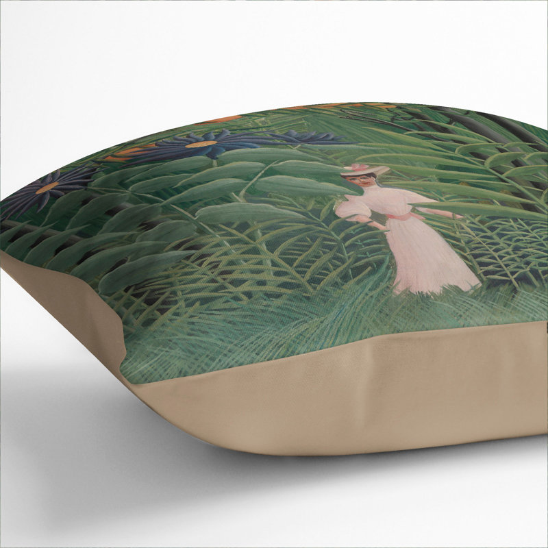 Woman Walking In An Exotic Forest Square Throw Cushion, Stone, 40cm H x 40cm W x 15cm D