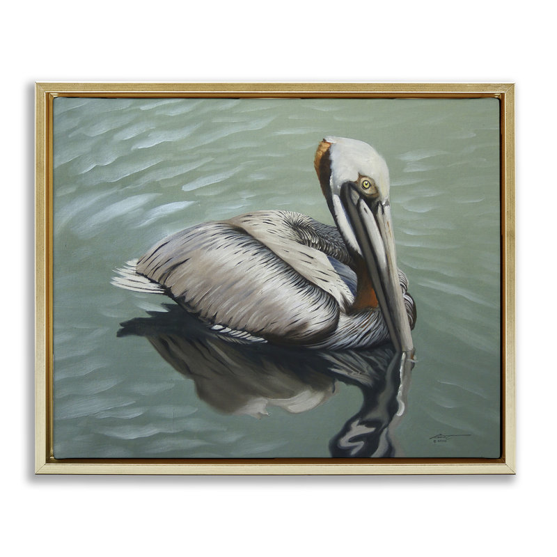 «Pelican Lake Reflection» par D. Rust, Cadre flottant métallique doré, H 17 po x l 21 po