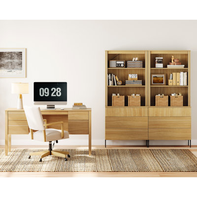 Home Office Set, 58" Modern Executive Desk With Charging Station & 2 Piece 71.8"H Tall 6-Tier Fluted Bookcases With 6 Drawers For Living Room, Bedroom, Home Office