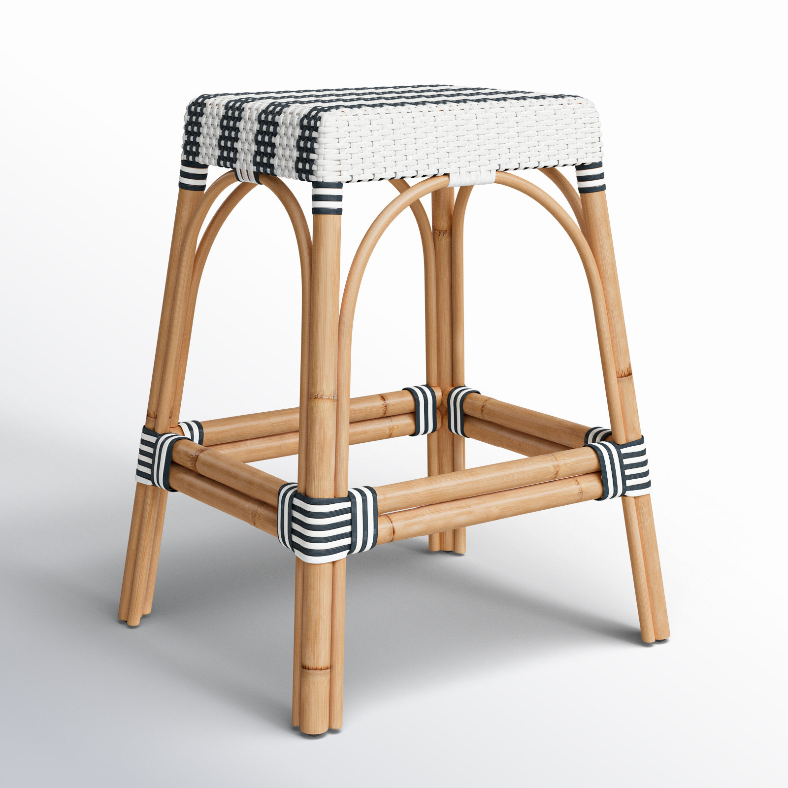 Lennart Bar and Counter Stool, Counter Stool (24.5" Seat Height), White/Navy Stripe/ Natural Rattan Frame