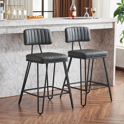 Ensemble de 2 tabourets de bar industriels, chaises de hauteur comptoir avec revêtement en cuir de polyuréthane et structure en métal, chaises de bar rétro avec dossier et repose-pieds pour îlot de cuisine, salle à manger, bar personnel