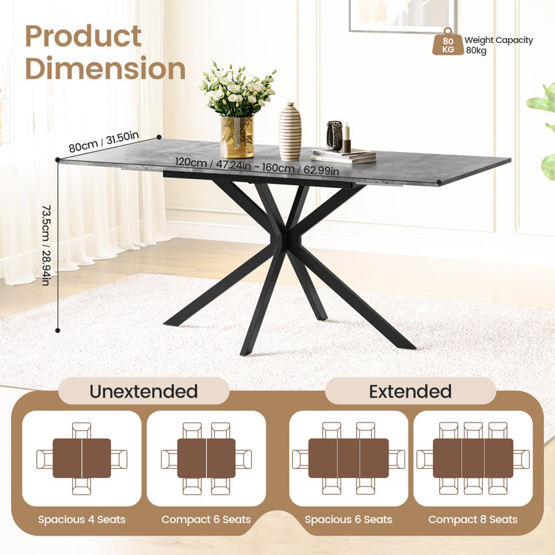 Extendable Dining Table And Chairs Set Of 4, Concrete Effect Rectangular Table With Upholstered Fabric Chairs For Dining Room,Kitchen