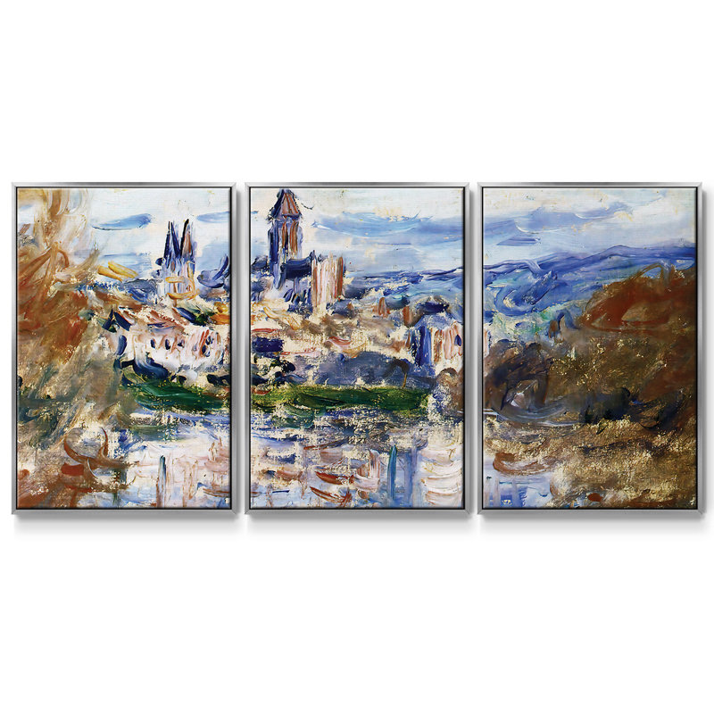 The Village Of Vetheuil, reproduction d'art sur toile 3 pièces, H 24 po x l 48 po, Encadrement argenté