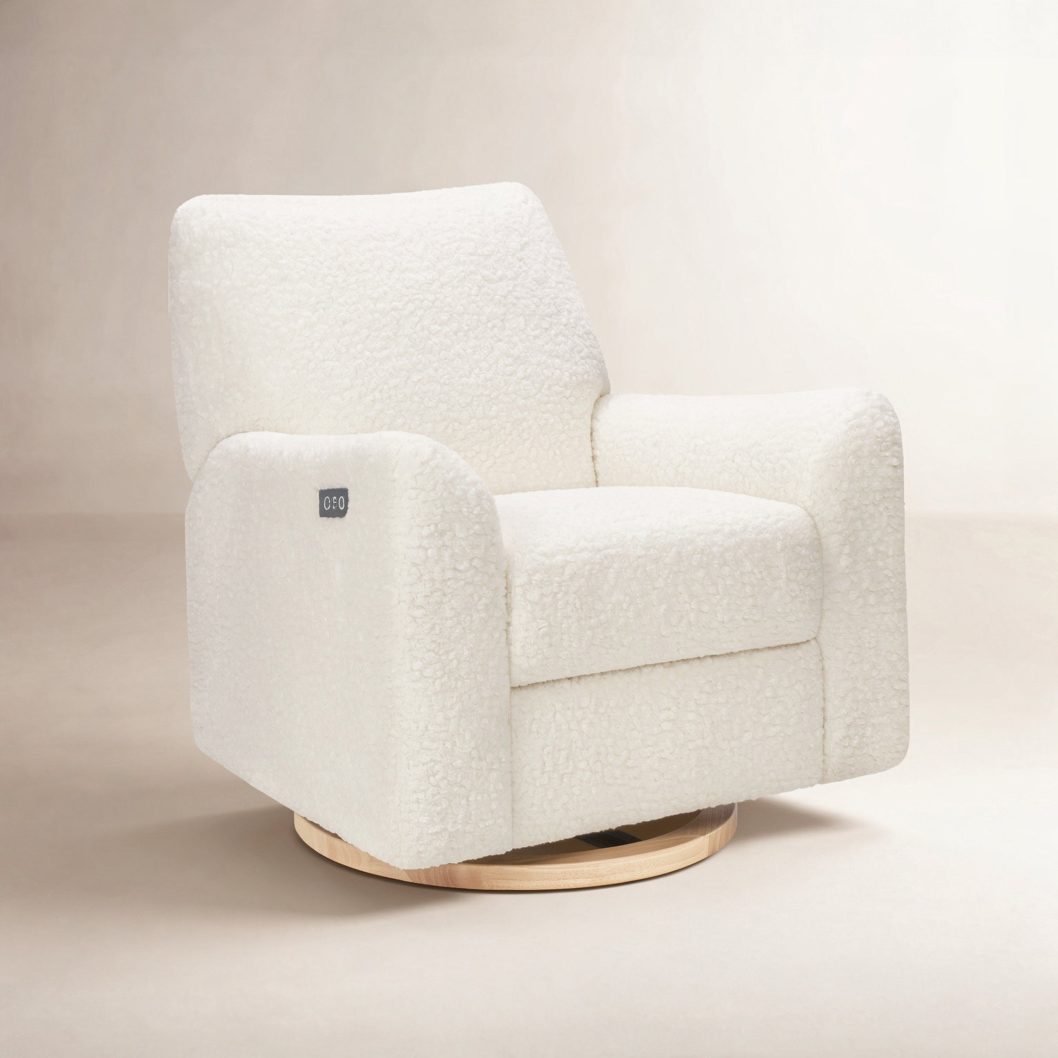 Sunday Power Recliner and Swivel Glider, Natural Wood, Cream Shearling