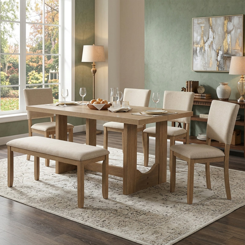 Ensemble de table de salle à manger 6 pièces avec banc, ensemble de table de cuisine rectangulaire en bois avec banc et 4 chaises rembourrées pour le salon, la cuisine, la salle à manger, la base en forme de U, chêne clair et beige