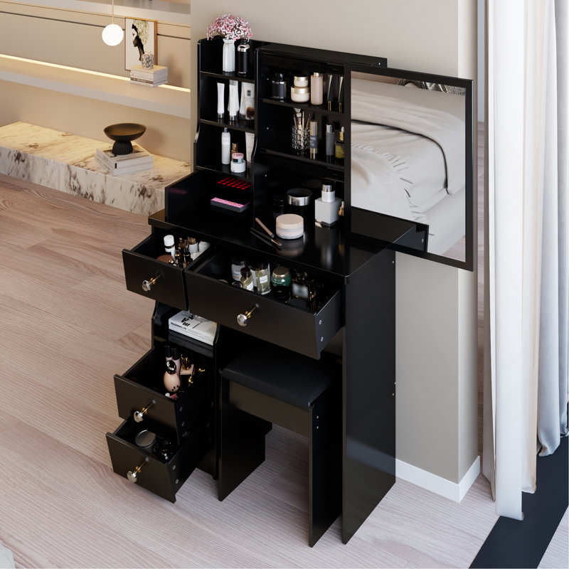 Table de coiffeuse 29,2 po avec tiroir à gauche avec tabouret rembourré, rangement multi-couches grande capacité, commode pratique