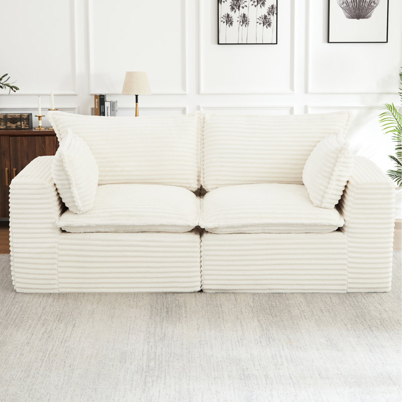 Canapé d'angle infonuagique sans os pour salon, confort moderne, tissu en velours côtelé résistant, blanc, 2 places, aucun assemblage requis, déballez-le, surdimensionné, détente immédiate