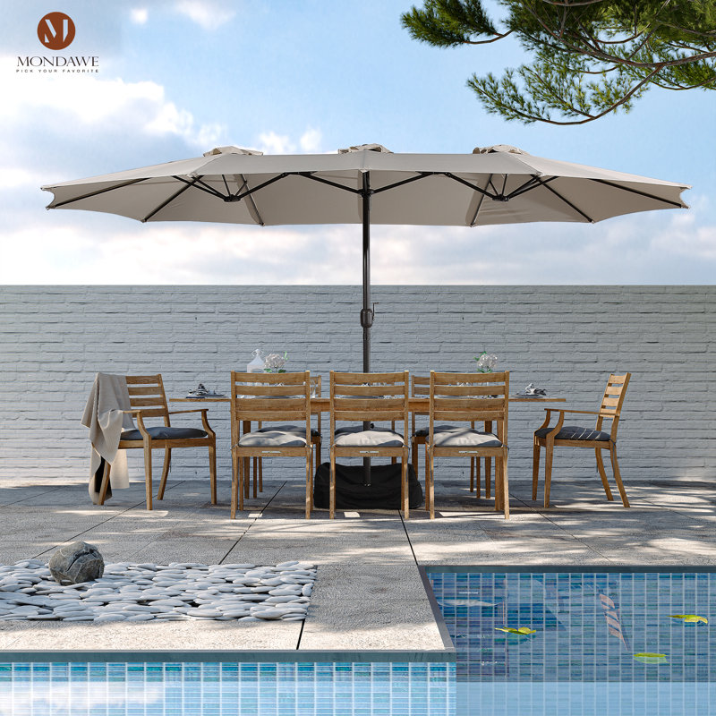 Beige 15 Ft Steel Market Umbrella with Crank Lift and Stand