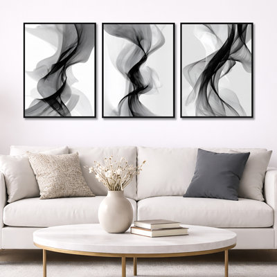 Galaxy Majestic Black and Grey Liquid Ink – Abstract 3 Piece Framed Canvas Print