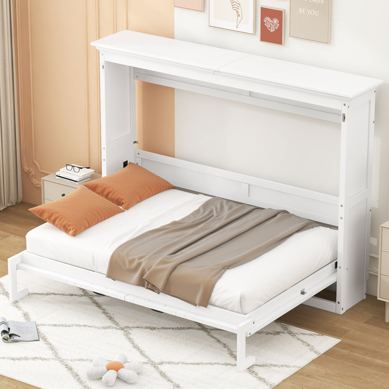 Armoire-lit escamotable en bois massif Borel, Blanc, Lit double