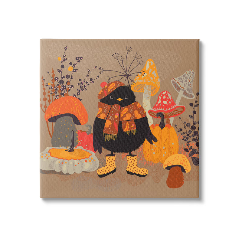 Cozy Crow with Mushrooms Brown Canvas Wall Art, 17 x 17